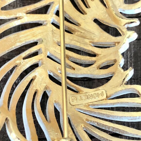 Vintage Monet Gold Tone and White Enamel Feather Brooch Pin Wispy - Picture 3 of 5